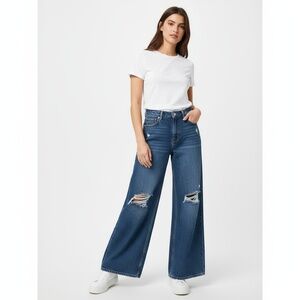 GAP Jeans Womens Size 25 Petite Dark Blue Denim Wide Leg Distressed Ripped